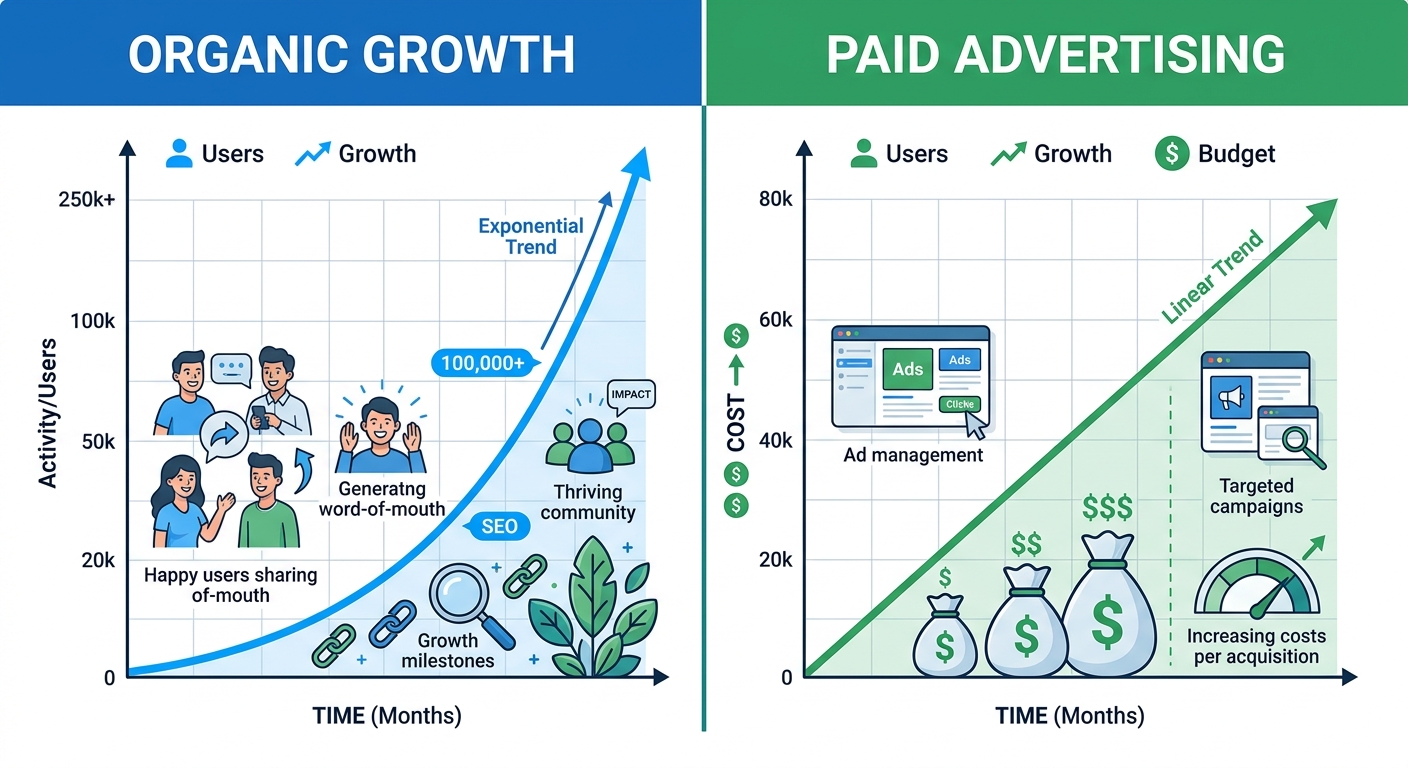 SEO自然搜索增长曲线与付费广告线性增长对比图
