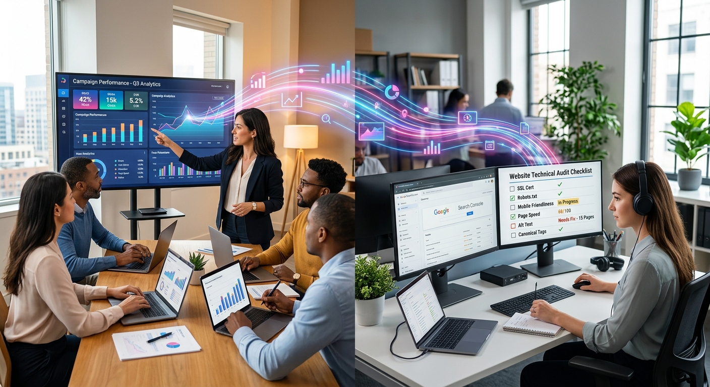 营销团队审查SEO和广告数据分析报告