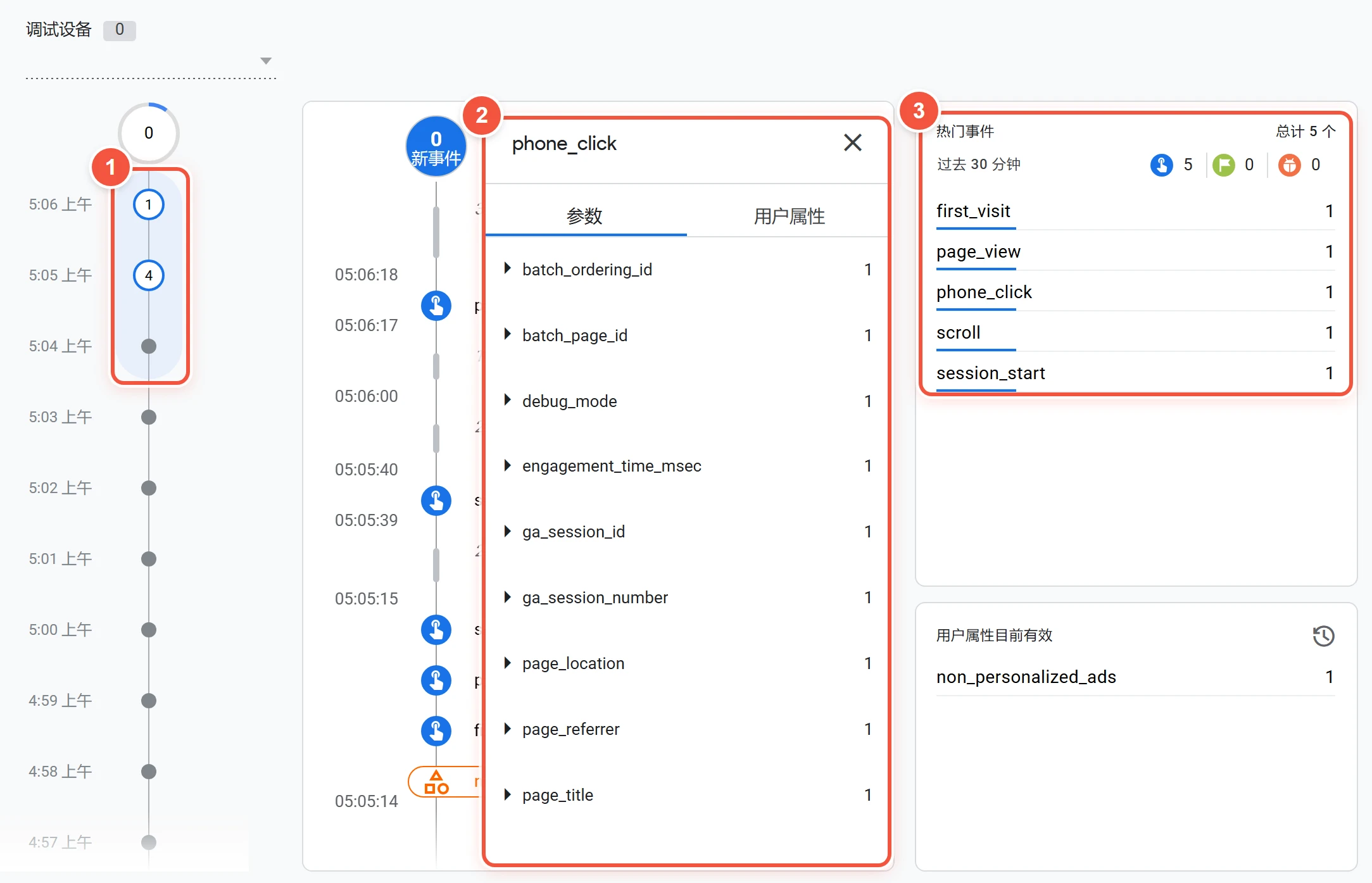GA4 DebugView页面,标出按分钟排列的时间线、展开后的phone_click事件参数和过去30分钟的热门事件