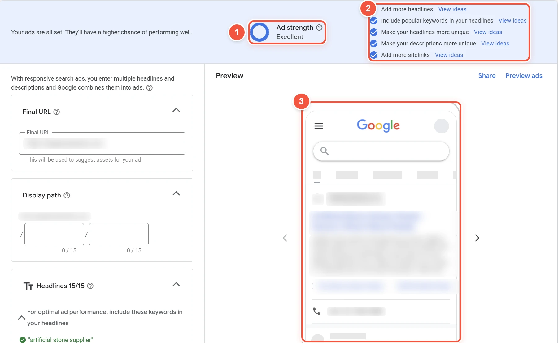 Google Ads自适应搜索广告编辑页面,标出Ad strength为Excellent、改进项清单和广告预览