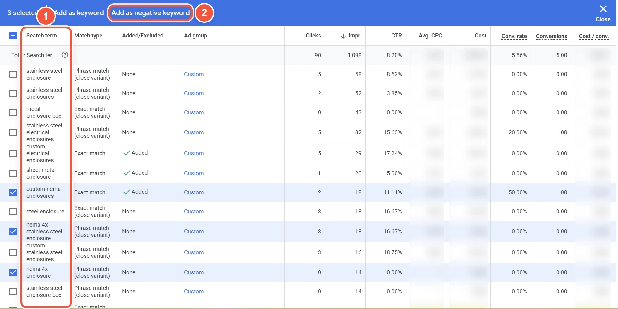 Google Ads的Search terms搜索字词报告,勾选了三个搜索词,标出Search term一列和Add as negative keyword按钮