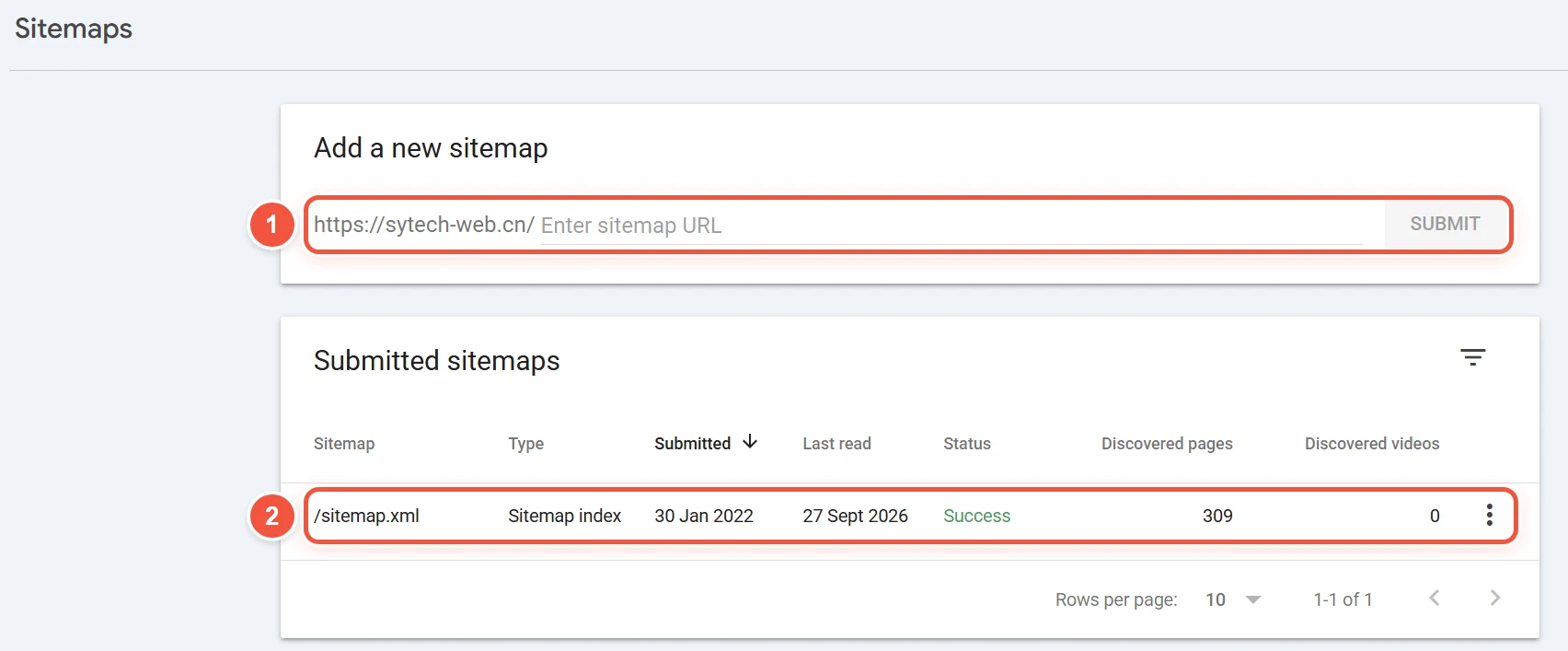 Search Console的Sitemaps报告,标出提交站点地图的输入框和状态为Success的已提交站点地图