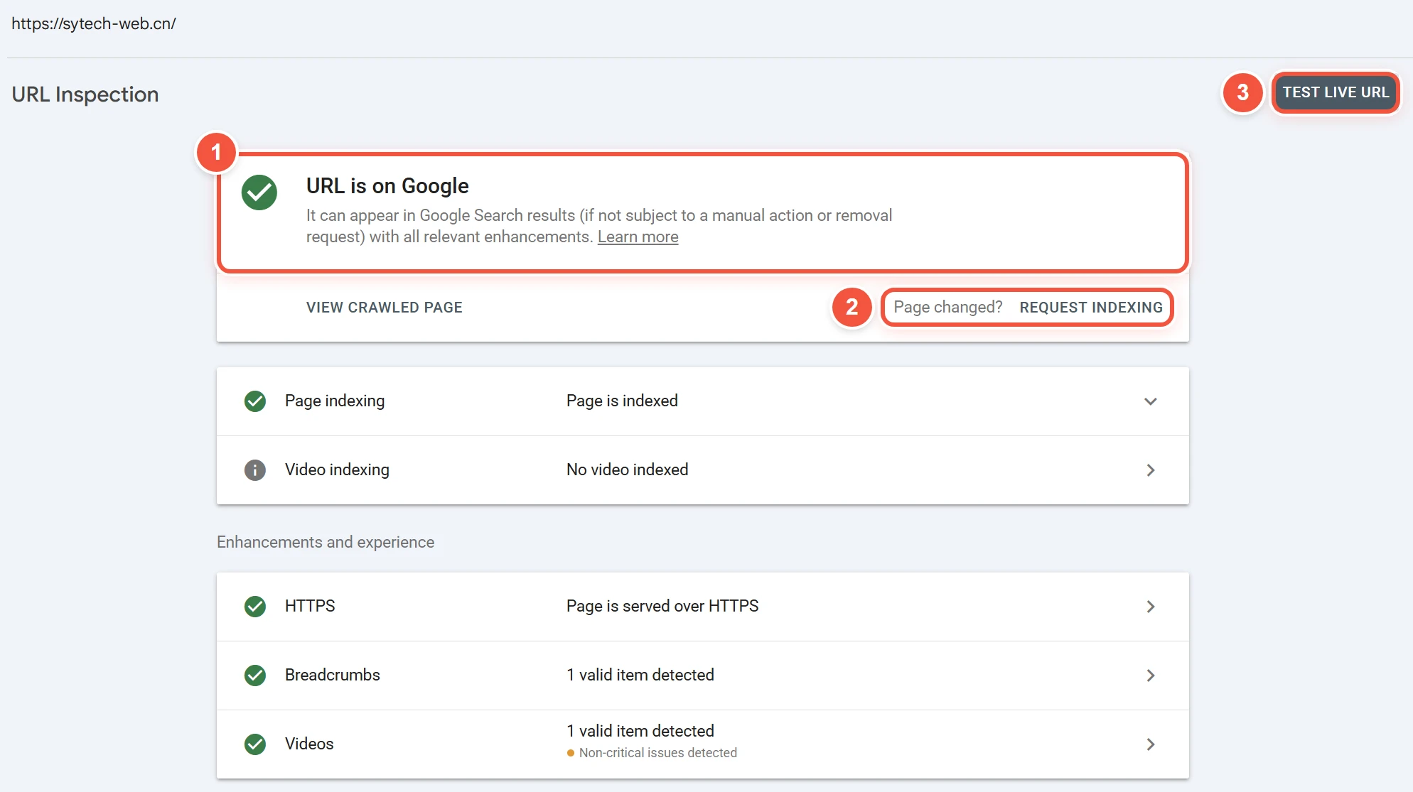 Search Console网址检查结果显示URL is on Google,标出REQUEST INDEXING和TEST LIVE URL按钮