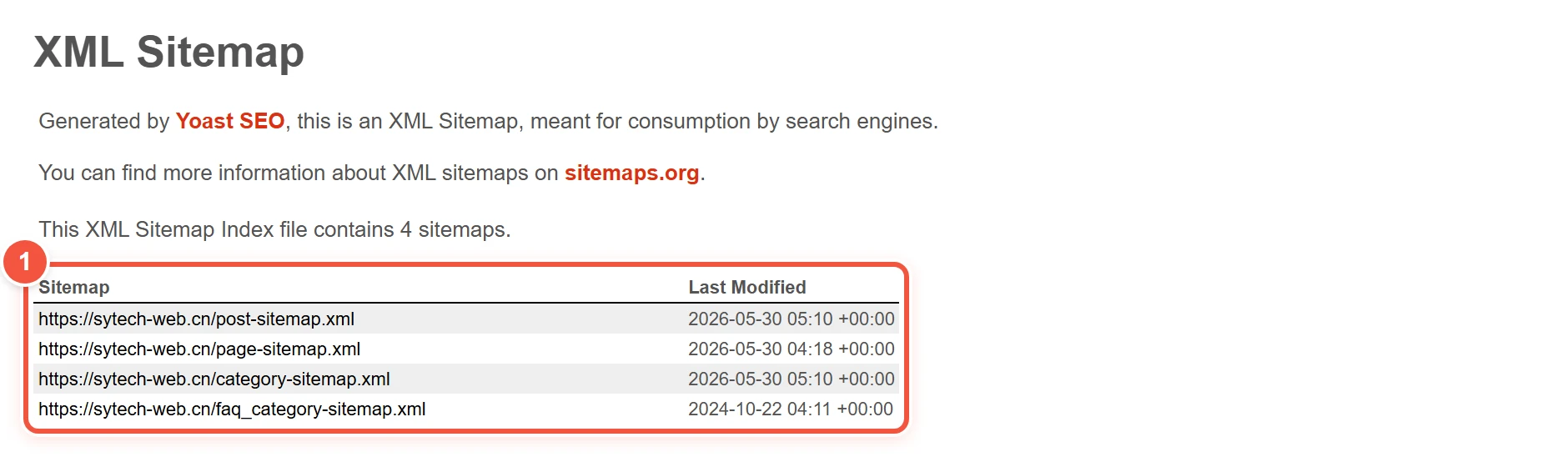 浏览器中打开的 sitemap_index.xml,列出文章、页面、分类等子站点地图及最后修改时间